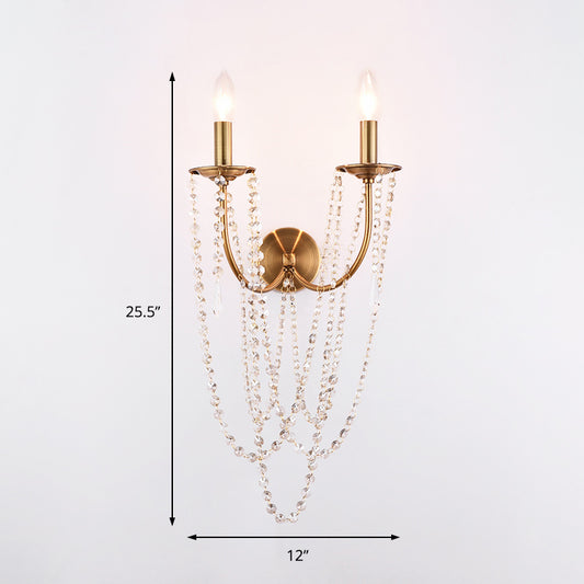Bare Bulb Wall Sconce French Country Metal 2 Lights Wall Light Fixture with Crystal Beaded Strand in Gold Clearhalo 'Cast Iron' 'Glass' 'Industrial' 'Modern wall lights' 'Modern' 'Tiffany' 'Traditional wall lights' 'Wall Lamps & Sconces' 'Wall Lights' Lighting' 155756
