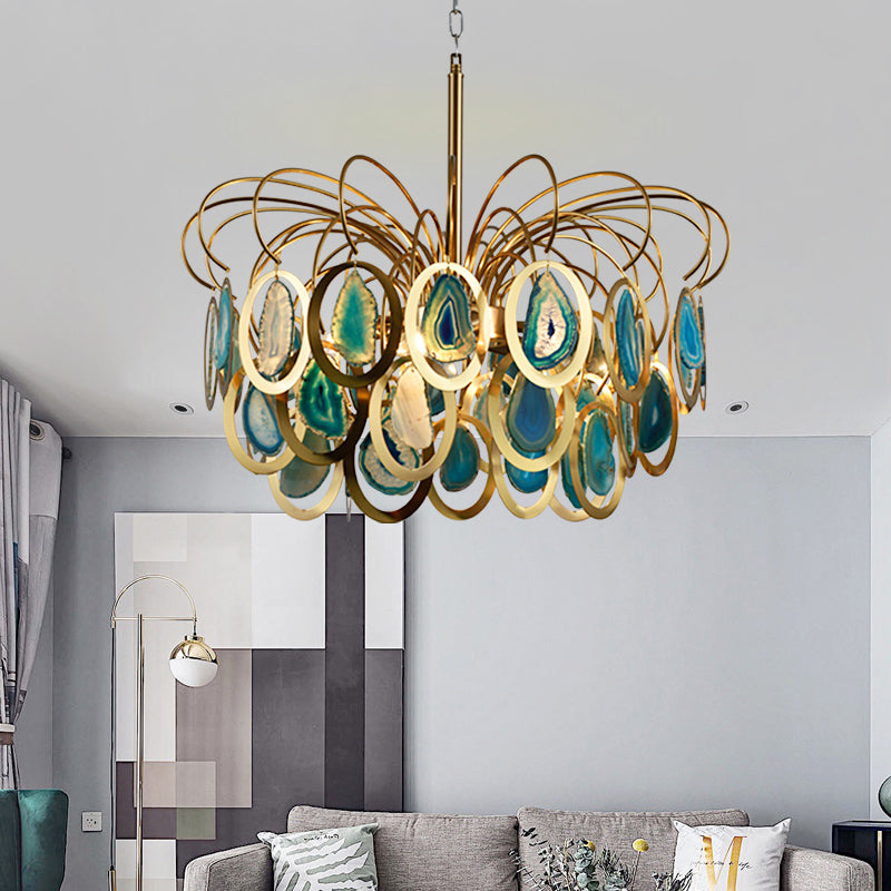 Green Peacock Feather Chandelier Light Modern 5-Head Iron Ceiling Hanging Pendant with Agates Green Clearhalo 'Ceiling Lights' 'Chandeliers' 'Modern Chandeliers' 'Modern' Lighting' 155757