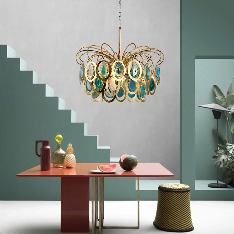 Green Peacock Feather Chandelier Light Modern 5-Head Iron Ceiling Hanging Pendant with Agates Clearhalo 'Ceiling Lights' 'Chandeliers' 'Modern Chandeliers' 'Modern' Lighting' 155758