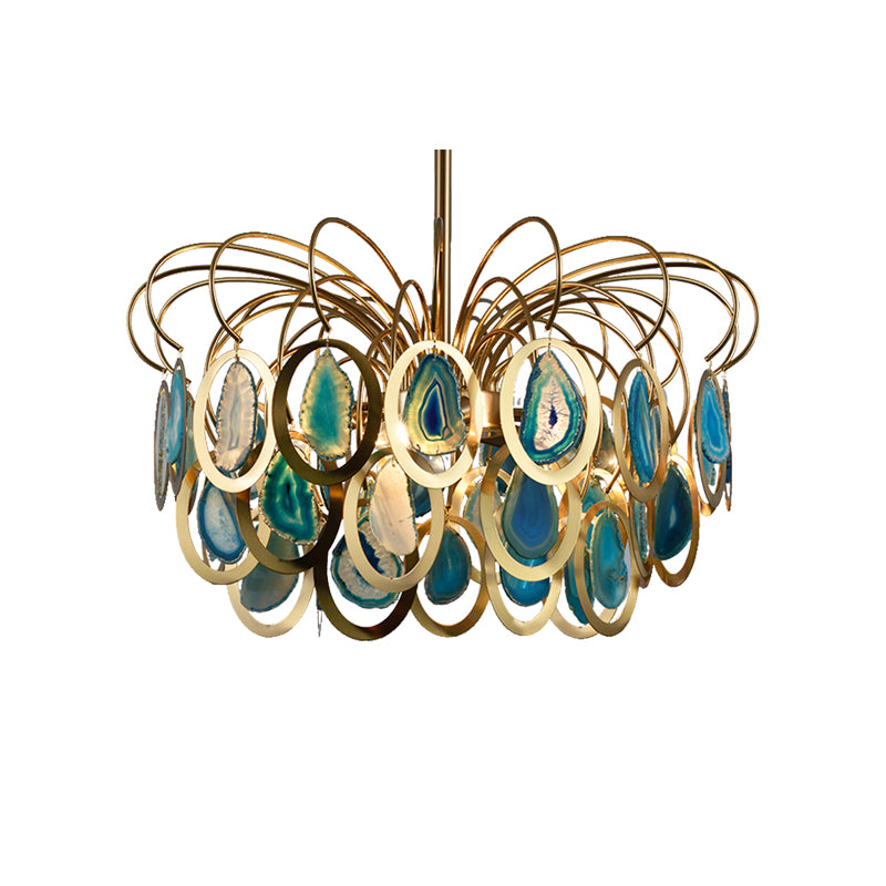 Green Peacock Feather Chandelier Light Modern 5-Head Iron Ceiling Hanging Pendant with Agates Clearhalo 'Ceiling Lights' 'Chandeliers' 'Modern Chandeliers' 'Modern' Lighting' 155759