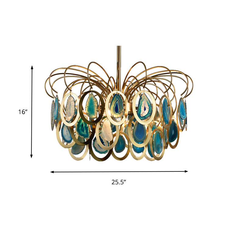 Green Peacock Feather Chandelier Light Modern 5-Head Iron Ceiling Hanging Pendant with Agates Clearhalo 'Ceiling Lights' 'Chandeliers' 'Modern Chandeliers' 'Modern' Lighting' 155760