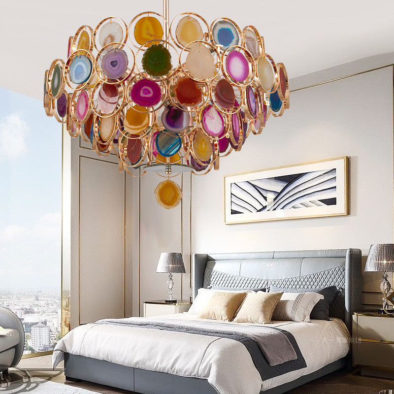 Gold 5-Tiered Ceiling Pendant Modern 12-Light Metal Chandelier Light with Colorful Agates Gold Clearhalo 'Ceiling Lights' 'Chandeliers' 'Modern Chandeliers' 'Modern' Lighting' 155761