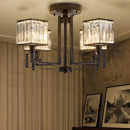 Black Squared Semi Flush Lighting 4/6/8 Lights Vintage Style Metal Ceiling Light Fixture with Crystal Prism for Bedroom 4 Black Clearhalo 'Ceiling Lights' 'Close To Ceiling Lights' 'Close to ceiling' 'Semi-flushmount' Lighting' 155796