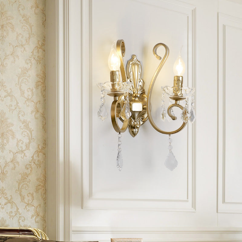 Flameless Candle Wall Lighting Vintage Metal 2 Heads Wall Sconce Light with Crystal Deco and Curved Arm in Brass Clearhalo 'Cast Iron' 'Glass' 'Industrial' 'Modern wall lights' 'Modern' 'Tiffany' 'Traditional wall lights' 'Wall Lamps & Sconces' 'Wall Lights' Lighting' 155801