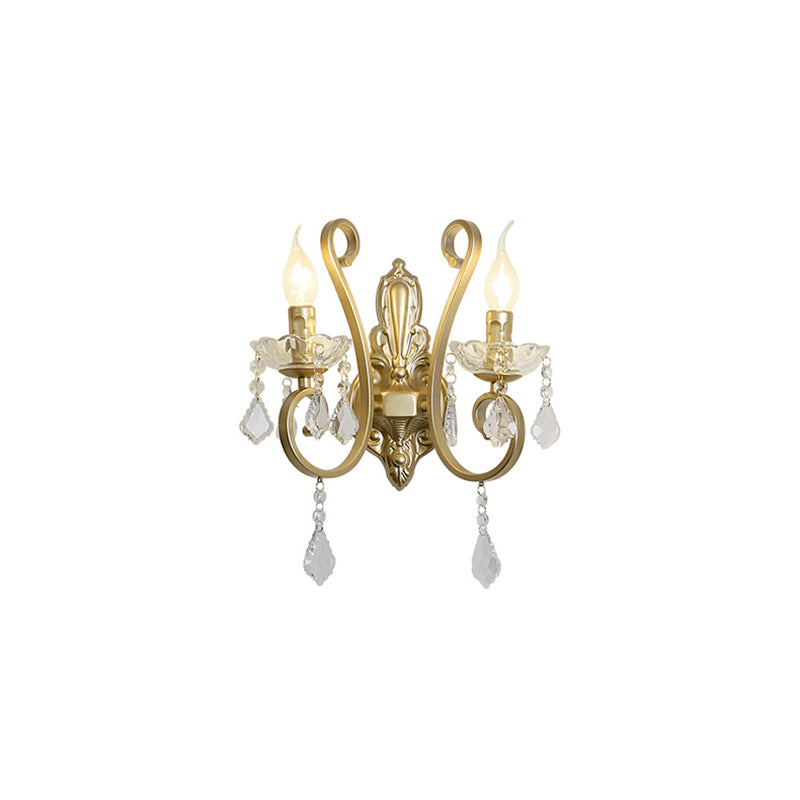 Flameless Candle Wall Lighting Vintage Metal 2 Heads Wall Sconce Light with Crystal Deco and Curved Arm in Brass