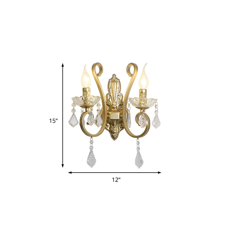 Flameless Candle Wall Lighting Vintage Metal 2 Heads Wall Sconce Light with Crystal Deco and Curved Arm in Brass Clearhalo 'Cast Iron' 'Glass' 'Industrial' 'Modern wall lights' 'Modern' 'Tiffany' 'Traditional wall lights' 'Wall Lamps & Sconces' 'Wall Lights' Lighting' 155803