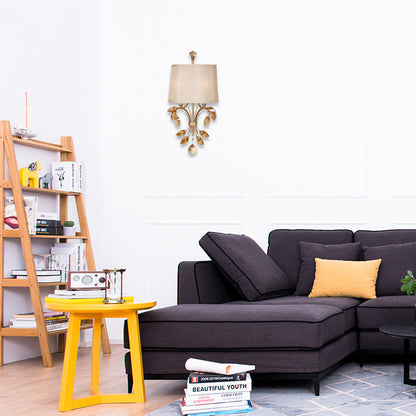 2 Bulbs Cone Wall Sconce Contemporary Fabric Wall Lamp with Amber Crystal Leaf Branch in Brass Finish Brass Clearhalo 'Cast Iron' 'Glass' 'Industrial' 'Modern wall lights' 'Modern' 'Tiffany' 'Traditional wall lights' 'Wall Lamps & Sconces' 'Wall Lights' Lighting' 155805