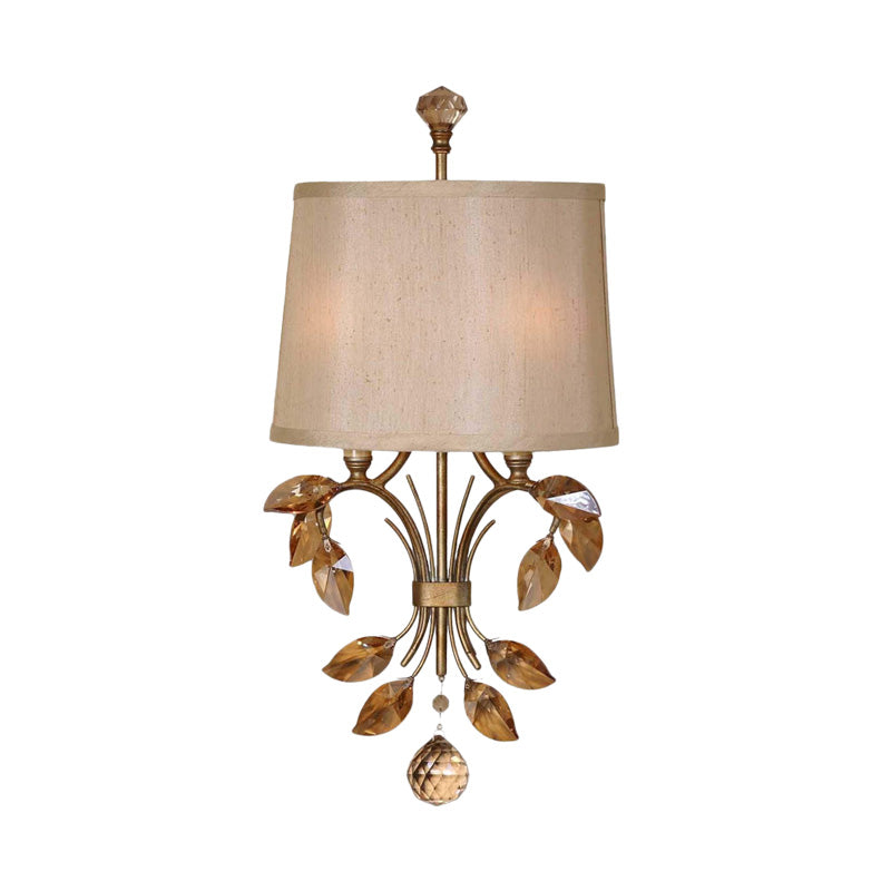 2 Bulbs Cone Wall Sconce Contemporary Fabric Wall Lamp with Amber Crystal Leaf Branch in Brass Finish Clearhalo 'Cast Iron' 'Glass' 'Industrial' 'Modern wall lights' 'Modern' 'Tiffany' 'Traditional wall lights' 'Wall Lamps & Sconces' 'Wall Lights' Lighting' 155807