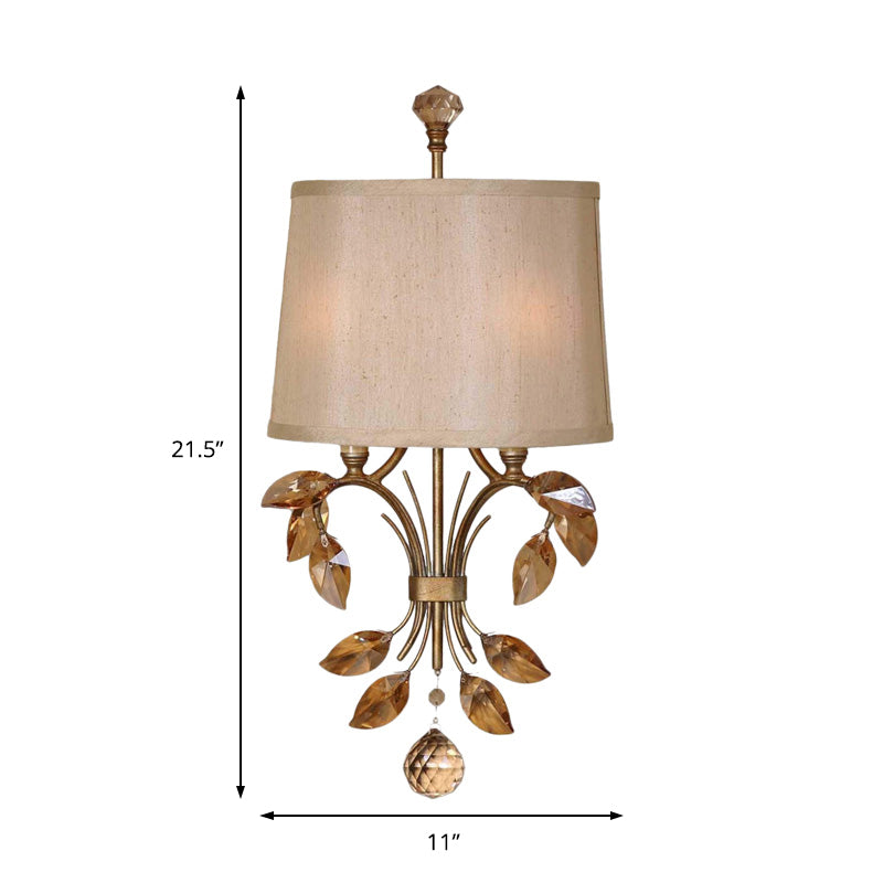 2 Bulbs Cone Wall Sconce Contemporary Fabric Wall Lamp with Amber Crystal Leaf Branch in Brass Finish Clearhalo 'Cast Iron' 'Glass' 'Industrial' 'Modern wall lights' 'Modern' 'Tiffany' 'Traditional wall lights' 'Wall Lamps & Sconces' 'Wall Lights' Lighting' 155808