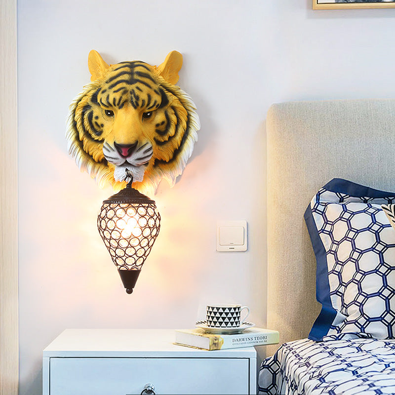Yellow/Gray Tiger Sconce Lighting Country Style Resin 1 Bulb Wall Lamp with Clear Crystal Shade for Children Room Clearhalo 'Cast Iron' 'Glass' 'Industrial' 'Modern wall lights' 'Modern' 'Tiffany' 'Traditional wall lights' 'Wall Lamps & Sconces' 'Wall Lights' Lighting' 155908