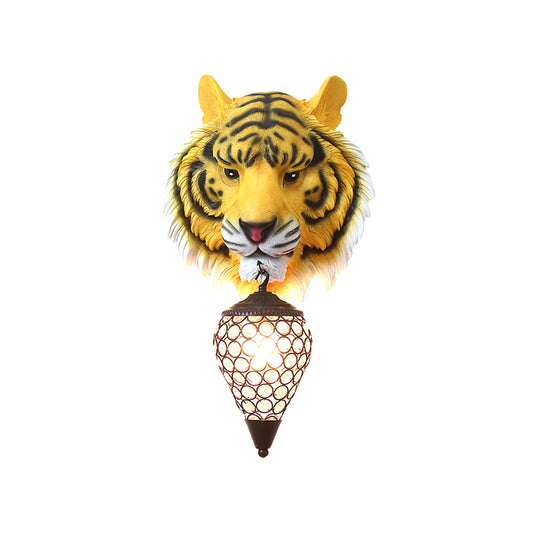 Yellow/Gray Tiger Sconce Lighting Country Style Resin 1 Bulb Wall Lamp with Clear Crystal Shade for Children Room Clearhalo 'Cast Iron' 'Glass' 'Industrial' 'Modern wall lights' 'Modern' 'Tiffany' 'Traditional wall lights' 'Wall Lamps & Sconces' 'Wall Lights' Lighting' 155909