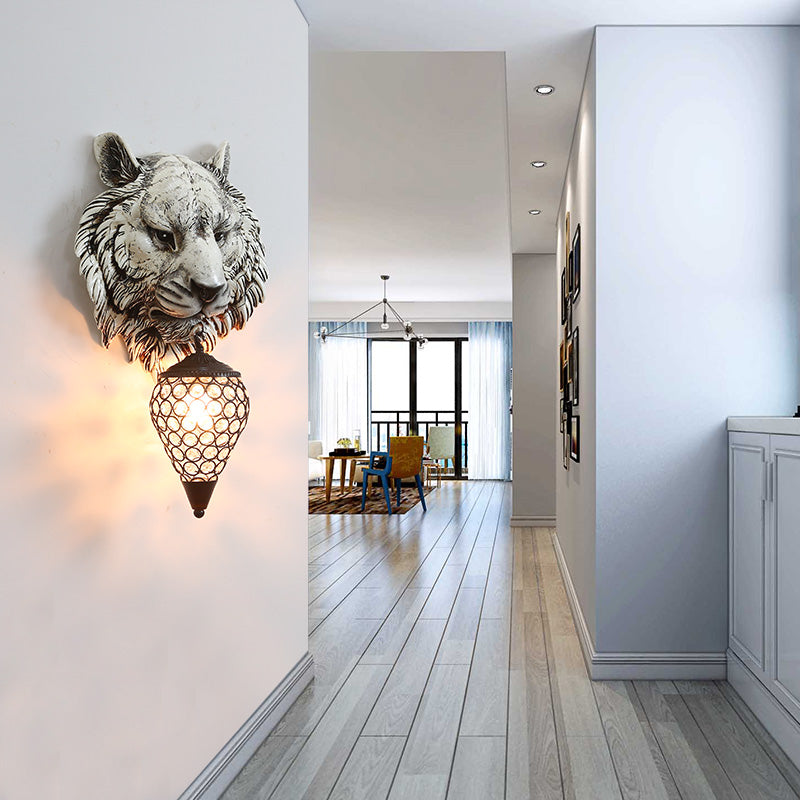 Yellow/Gray Tiger Sconce Lighting Country Style Resin 1 Bulb Wall Lamp with Clear Crystal Shade for Children Room Grey Clearhalo 'Cast Iron' 'Glass' 'Industrial' 'Modern wall lights' 'Modern' 'Tiffany' 'Traditional wall lights' 'Wall Lamps & Sconces' 'Wall Lights' Lighting' 155912
