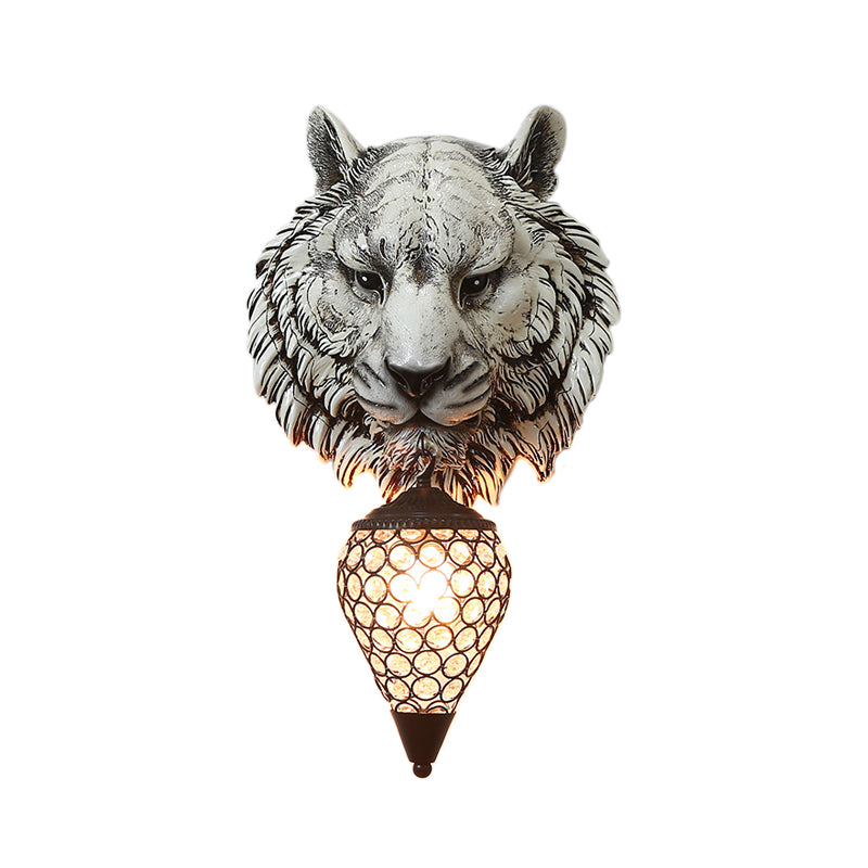 Yellow/Gray Tiger Sconce Lighting Country Style Resin 1 Bulb Wall Lamp with Clear Crystal Shade for Children Room Clearhalo 'Cast Iron' 'Glass' 'Industrial' 'Modern wall lights' 'Modern' 'Tiffany' 'Traditional wall lights' 'Wall Lamps & Sconces' 'Wall Lights' Lighting' 155914