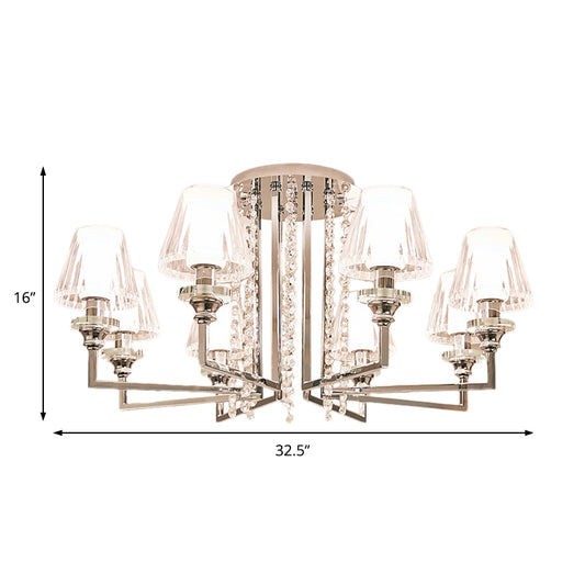 Living Room Cone Ceiling Lamp Metal and Clear Crystal Modern Chrome Finish 6/8/10 Heads Semi Mount Light Clearhalo 'Ceiling Lights' 'Close To Ceiling Lights' 'Close to ceiling' 'Semi-flushmount' Lighting' 155922