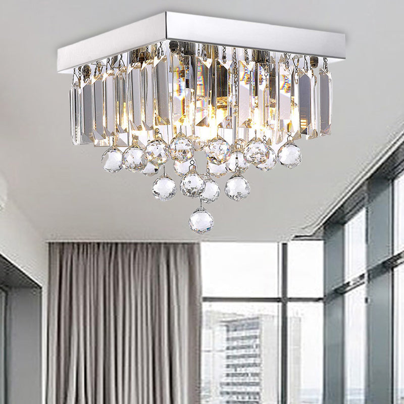 Crystal Prism Flush Ceiling Light Modern Style 4 Bulbs Ceiling Lamp with Square Canopy in Chrome for Bedroom Clearhalo 'Ceiling Lights' 'Close To Ceiling Lights' 'Close to ceiling' 'Flush mount' Lighting' 155937