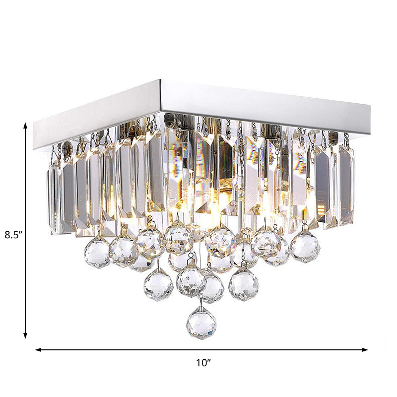 Crystal Prism Flush Ceiling Light Modern Style 4 Bulbs Ceiling Lamp with Square Canopy in Chrome for Bedroom Clearhalo 'Ceiling Lights' 'Close To Ceiling Lights' 'Close to ceiling' 'Flush mount' Lighting' 155939