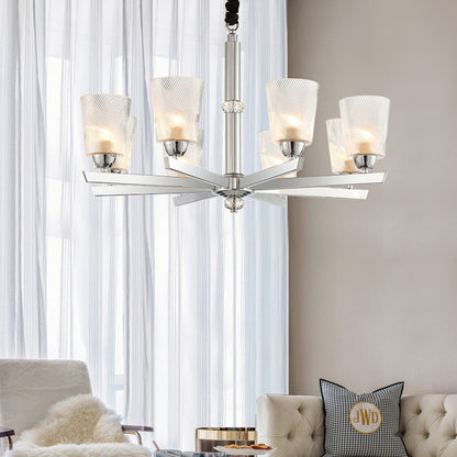 Cup Up Chandelier Pendant Modern Ribbed Glass 6 Lights Living Room Ceiling Lamp Kit in Chrome Chrome Clearhalo 'Ceiling Lights' 'Chandeliers' 'Glass shade' 'Glass' 'Island Lights' 'Modern Chandeliers' 'Modern' Lighting' 155949