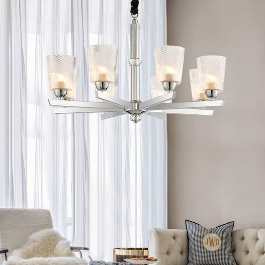 Cup Up Chandelier Pendant Modern Ribbed Glass 6 Lights Living Room Ceiling Lamp Kit in Chrome Chrome Clearhalo 'Ceiling Lights' 'Chandeliers' 'Glass shade' 'Glass' 'Island Lights' 'Modern Chandeliers' 'Modern' Lighting' 155949