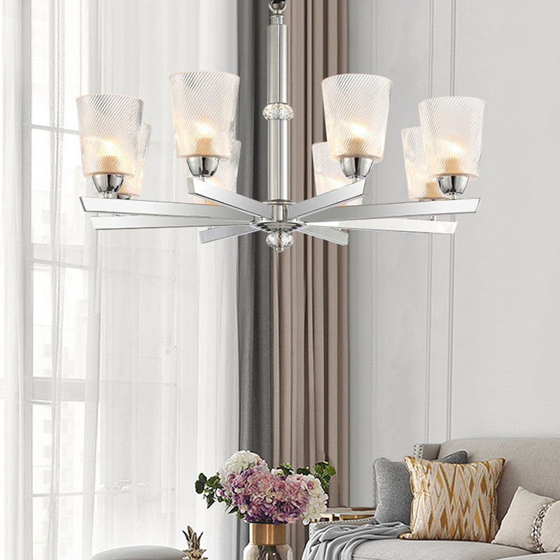 Cup Up Chandelier Pendant Modern Ribbed Glass 6 Lights Living Room Ceiling Lamp Kit in Chrome Clearhalo 'Ceiling Lights' 'Chandeliers' 'Glass shade' 'Glass' 'Island Lights' 'Modern Chandeliers' 'Modern' Lighting' 155950