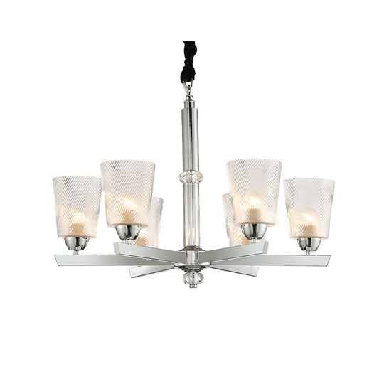 Cup Up Chandelier Pendant Modern Ribbed Glass 6 Lights Living Room Ceiling Lamp Kit in Chrome Clearhalo 'Ceiling Lights' 'Chandeliers' 'Glass shade' 'Glass' 'Island Lights' 'Modern Chandeliers' 'Modern' Lighting' 155951