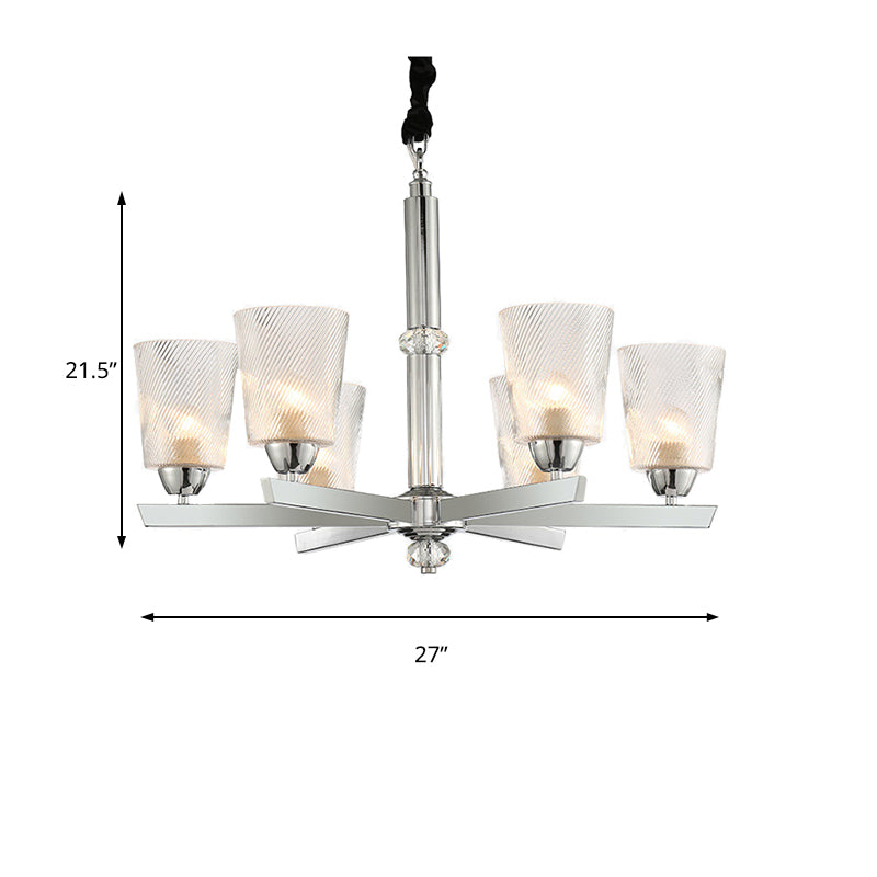 Cup Up Chandelier Pendant Modern Ribbed Glass 6 Lights Living Room Ceiling Lamp Kit in Chrome Clearhalo 'Ceiling Lights' 'Chandeliers' 'Glass shade' 'Glass' 'Island Lights' 'Modern Chandeliers' 'Modern' Lighting' 155952