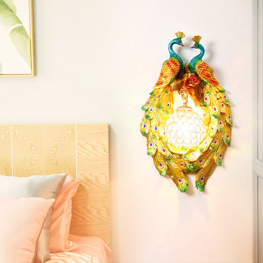 Yellow Peacock Wall Sconce 1 Light Country Style Resin Wall Lamp with Dome Crystal Shade for Bedroom Clearhalo 'Modern wall lights' 'Modern' 'Wall Lamps & Sconces' 'Wall Lights' Lighting' 156034