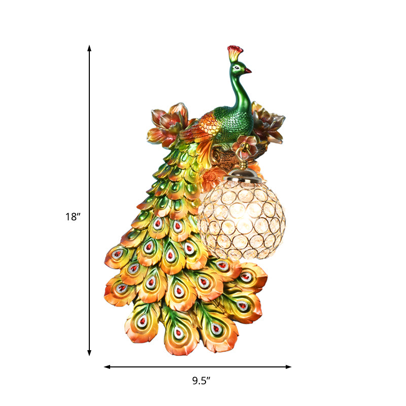 Blue/White Peacock Wall Mounted Light 1 Light Loft Style Resin 1/2-Pack Wall Lamp with Dome Crystal Shade, Double/Right/Left Clearhalo 'Wall Lamps & Sconces' 'Wall Lights' Lighting' 156058