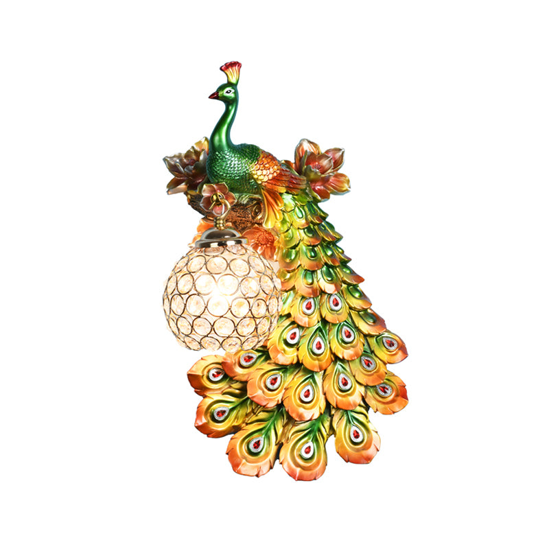 Blue/White Peacock Wall Mounted Light 1 Light Loft Style Resin 1/2-Pack Wall Lamp with Dome Crystal Shade, Double/Right/Left Clearhalo 'Wall Lamps & Sconces' 'Wall Lights' Lighting' 156061