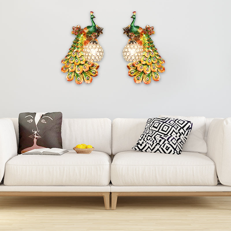 Blue/White Peacock Wall Mounted Light 1 Light Loft Style Resin 1/2-Pack Wall Lamp with Dome Crystal Shade, Double/Right/Left Gold Double Clearhalo 'Wall Lamps & Sconces' 'Wall Lights' Lighting' 156062