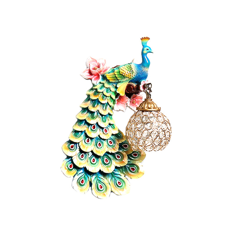 Blue/White Peacock Wall Mounted Light 1 Light Loft Style Resin 1/2-Pack Wall Lamp with Dome Crystal Shade, Double/Right/Left Clearhalo 'Wall Lamps & Sconces' 'Wall Lights' Lighting' 156065