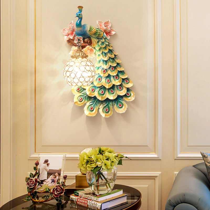 Blue/White Peacock Wall Mounted Light 1 Light Loft Style Resin 1/2-Pack Wall Lamp with Dome Crystal Shade, Double/Right/Left Blue Right Clearhalo 'Wall Lamps & Sconces' 'Wall Lights' Lighting' 156066