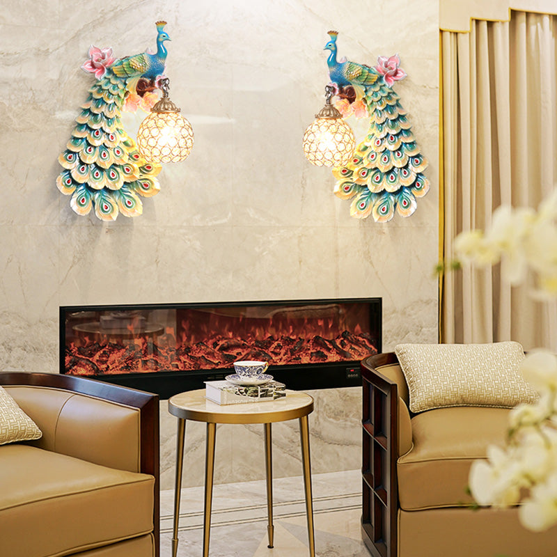 Blue/White Peacock Wall Mounted Light 1 Light Loft Style Resin 1/2-Pack Wall Lamp with Dome Crystal Shade, Double/Right/Left Blue Double Clearhalo 'Wall Lamps & Sconces' 'Wall Lights' Lighting' 156068