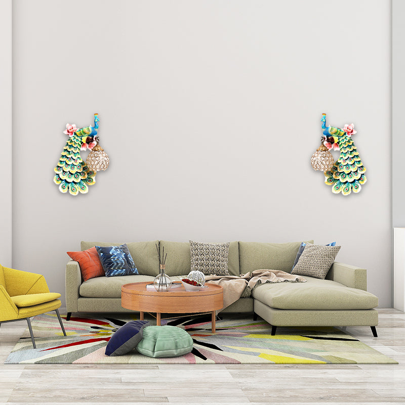 Blue/White Peacock Wall Mounted Light 1 Light Loft Style Resin 1/2-Pack Wall Lamp with Dome Crystal Shade, Double/Right/Left Clearhalo 'Wall Lamps & Sconces' 'Wall Lights' Lighting' 156069