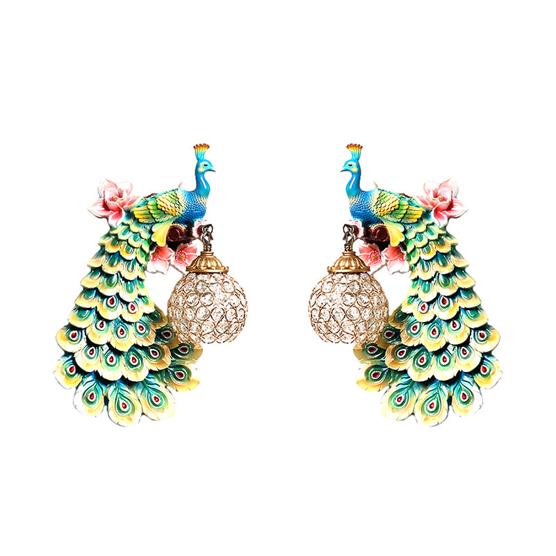 Blue/White Peacock Wall Mounted Light 1 Light Loft Style Resin 1/2-Pack Wall Lamp with Dome Crystal Shade, Double/Right/Left Clearhalo 'Wall Lamps & Sconces' 'Wall Lights' Lighting' 156070