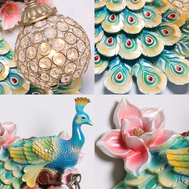 Blue/White Peacock Wall Mounted Light 1 Light Loft Style Resin 1/2-Pack Wall Lamp with Dome Crystal Shade, Double/Right/Left Clearhalo 'Wall Lamps & Sconces' 'Wall Lights' Lighting' 156071