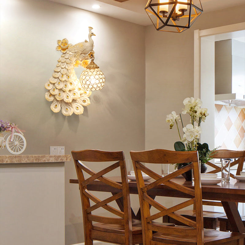 Blue/White Peacock Wall Mounted Light 1 Light Loft Style Resin 1/2-Pack Wall Lamp with Dome Crystal Shade, Double/Right/Left White Left Clearhalo 'Wall Lamps & Sconces' 'Wall Lights' Lighting' 156072