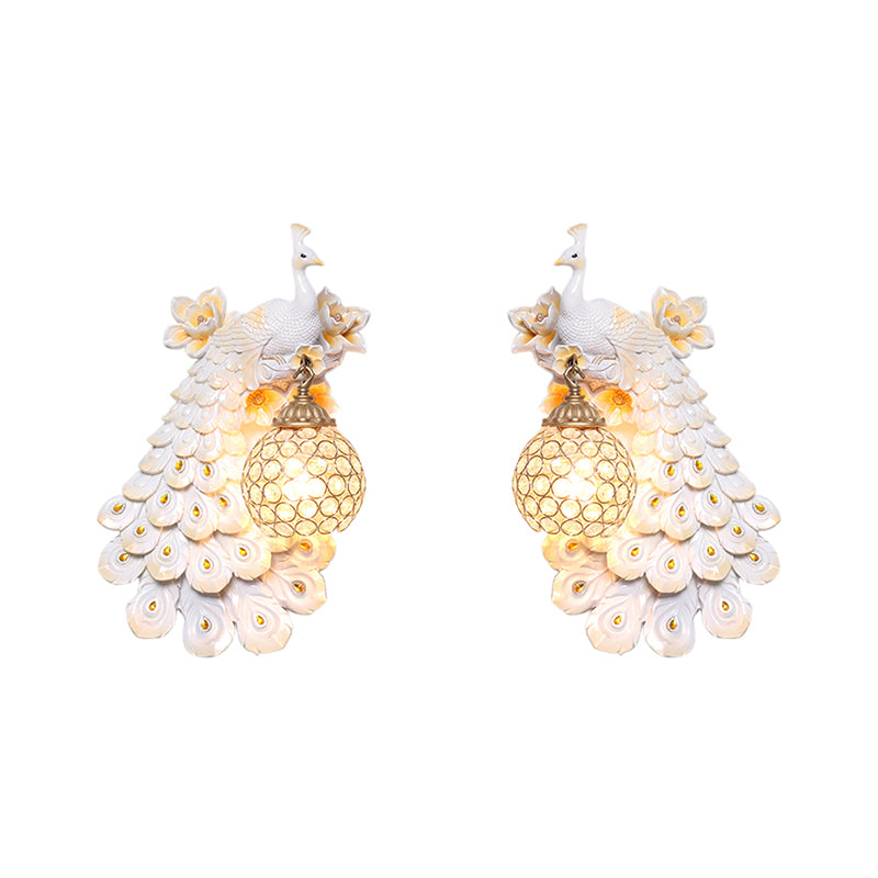 Blue/White Peacock Wall Mounted Light 1 Light Loft Style Resin 1/2-Pack Wall Lamp with Dome Crystal Shade, Double/Right/Left Clearhalo 'Wall Lamps & Sconces' 'Wall Lights' Lighting' 156077