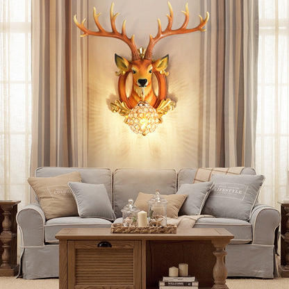Crystal Ball Shade Wall Lighting with Elk Backplate 1 Light Countryside Sconce Light Fixture in White/Gold Brown Clearhalo 'Wall Lamps & Sconces' 'Wall Lights' Lighting' 156087