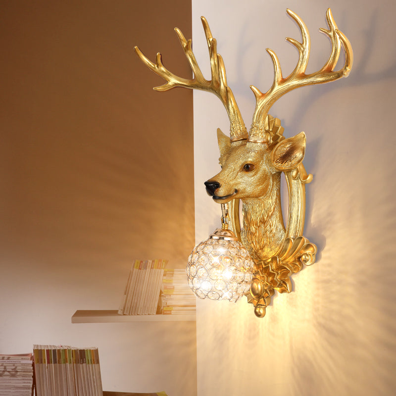 Crystal Ball Shade Wall Lighting with Elk Backplate 1 Light Countryside Sconce Light Fixture in White/Gold Gold Clearhalo 'Wall Lamps & Sconces' 'Wall Lights' Lighting' 156091