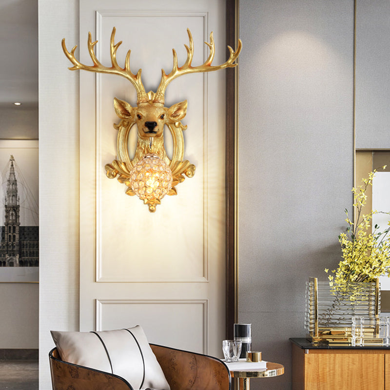 Crystal Ball Shade Wall Lighting with Elk Backplate 1 Light Countryside Sconce Light Fixture in White/Gold Clearhalo 'Wall Lamps & Sconces' 'Wall Lights' Lighting' 156092