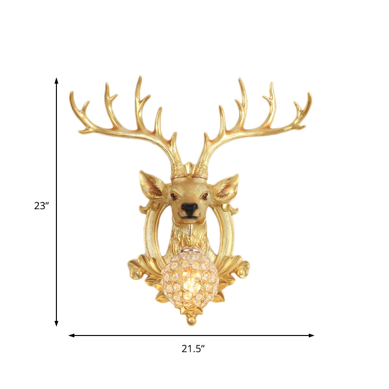 Crystal Ball Shade Wall Lighting with Elk Backplate 1 Light Countryside Sconce Light Fixture in White/Gold Clearhalo 'Wall Lamps & Sconces' 'Wall Lights' Lighting' 156094