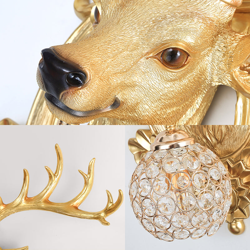 Crystal Ball Shade Wall Lighting with Elk Backplate 1 Light Countryside Sconce Light Fixture in White/Gold Clearhalo 'Wall Lamps & Sconces' 'Wall Lights' Lighting' 156095