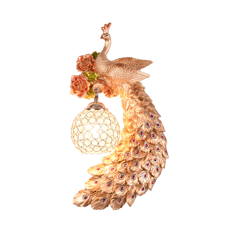 Double/Right/Left Peacock Wall Sconce Loft Style Metal 8"/10" W 1 Bulb Wall Lighting with Dome Crystal Shade in White/Gold Clearhalo 'Wall Lamps & Sconces' 'Wall Lights' Lighting' 156140