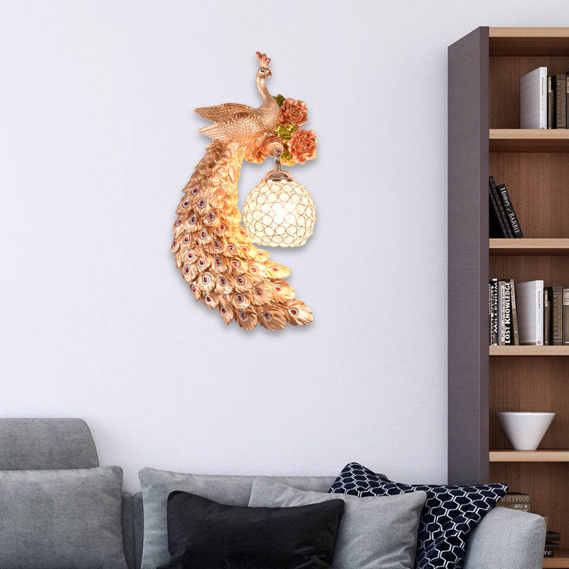 Double/Right/Left Peacock Wall Sconce Loft Style Metal 8"/10" W 1 Bulb Wall Lighting with Dome Crystal Shade in White/Gold Gold 10" Left Clearhalo 'Wall Lamps & Sconces' 'Wall Lights' Lighting' 156146
