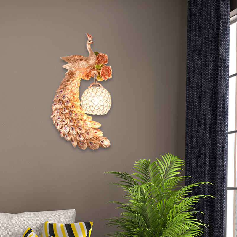 Double/Right/Left Peacock Wall Sconce Loft Style Metal 8"/10" W 1 Bulb Wall Lighting with Dome Crystal Shade in White/Gold Gold 8" Left Clearhalo 'Wall Lamps & Sconces' 'Wall Lights' Lighting' 156148