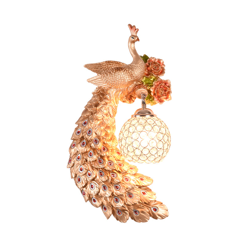 Double/Right/Left Peacock Wall Sconce Loft Style Metal 8"/10" W 1 Bulb Wall Lighting with Dome Crystal Shade in White/Gold Clearhalo 'Wall Lamps & Sconces' 'Wall Lights' Lighting' 156150