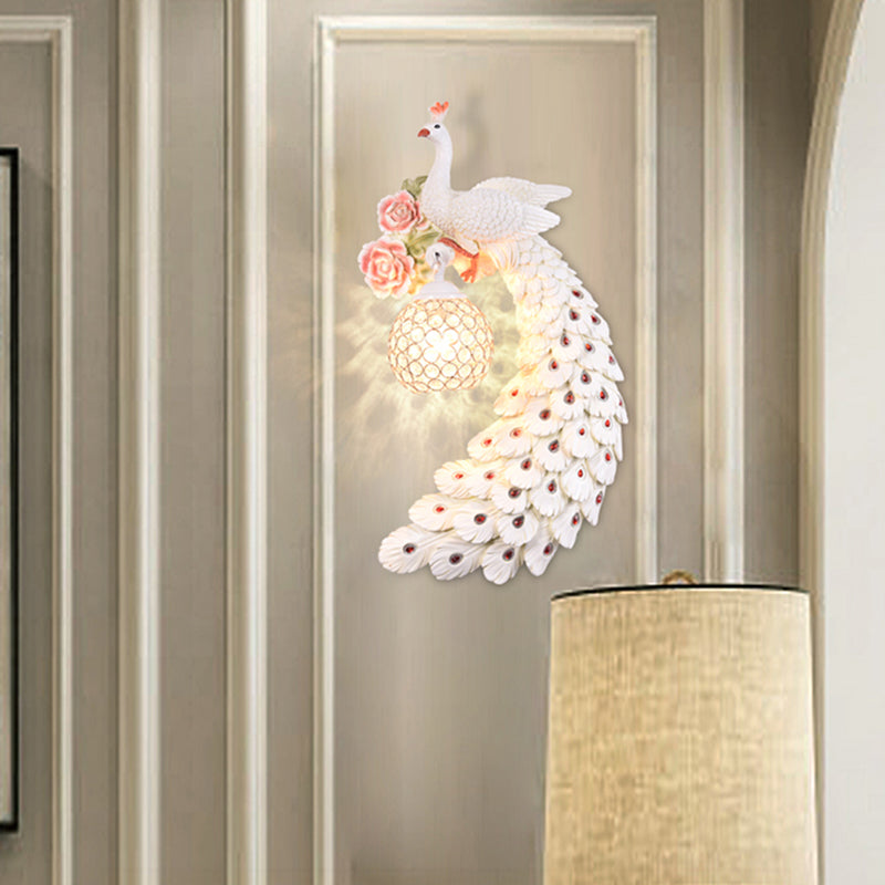 Double/Right/Left Peacock Wall Sconce Loft Style Metal 8"/10" W 1 Bulb Wall Lighting with Dome Crystal Shade in White/Gold White 10" Right Clearhalo 'Wall Lamps & Sconces' 'Wall Lights' Lighting' 156153