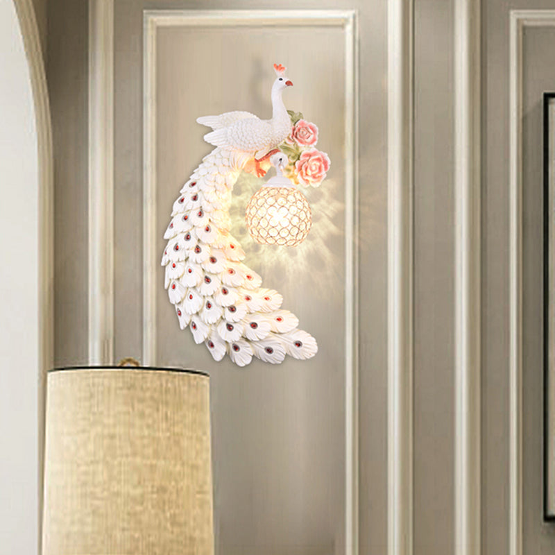 Double/Right/Left Peacock Wall Sconce Loft Style Metal 8"/10" W 1 Bulb Wall Lighting with Dome Crystal Shade in White/Gold White 8" Left Clearhalo 'Wall Lamps & Sconces' 'Wall Lights' Lighting' 156158