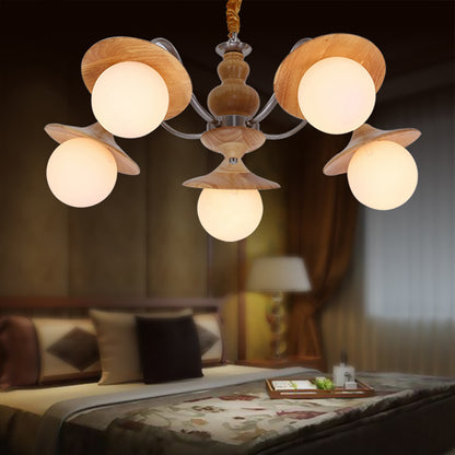 Modern Ball White Glass Chandelier 5 Lights Ceiling Pendant Fixture with Wooden Cap Wood Clearhalo 'Ceiling Lights' 'Chandeliers' Lighting' options 156194_7a508536-a586-4d9e-93ae-755da5ecc90e