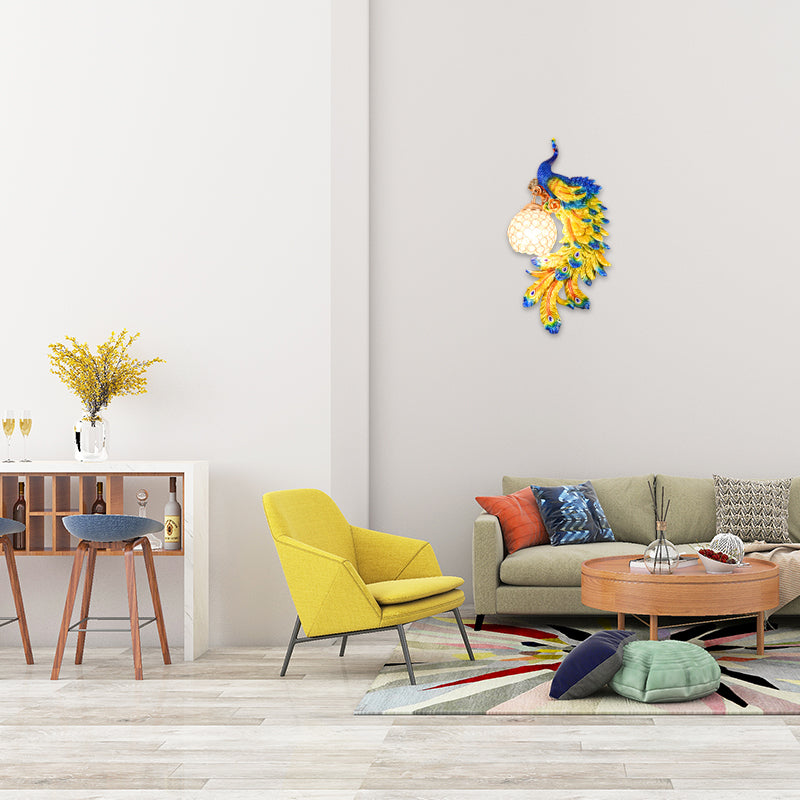 Double/Right/Left Peacock Wall Lamp Country Resin 1 Bulb Sconce Light Fixture with Clear Crystal Shade in White/Blue Finish, 1/2-Pack Blue Right Clearhalo 'Wall Lamps & Sconces' 'Wall Lights' Lighting' 156198